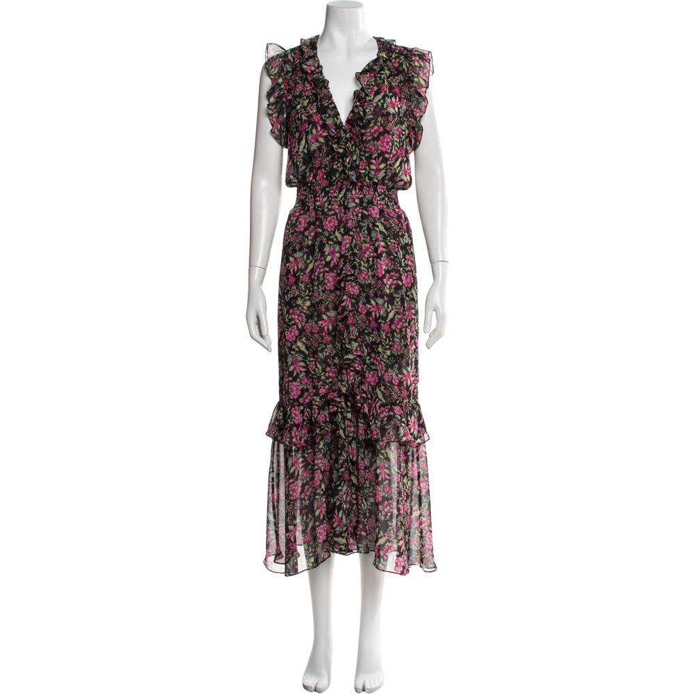 MISA Los Angeles Floral Ruffle Midi Dress Pink Green Black Smocked Waist Size M